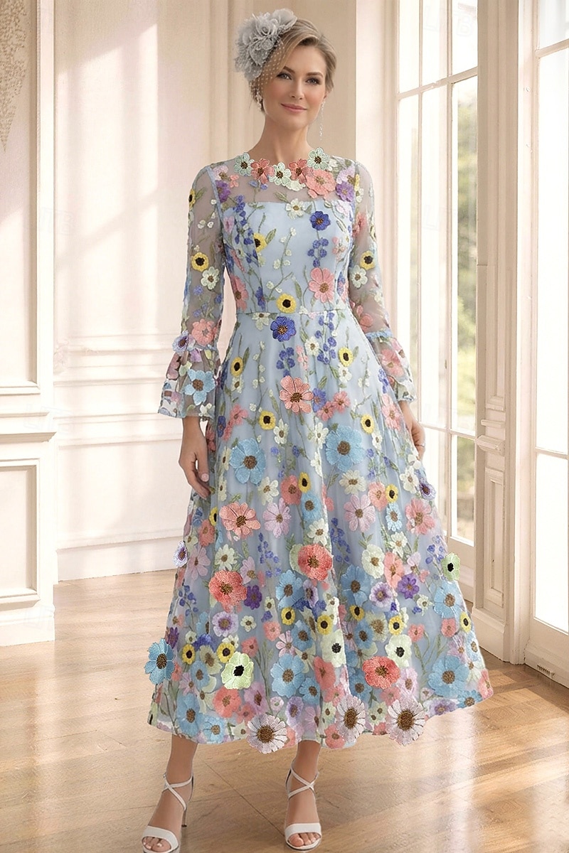 ankle length cocktail dresses for women A-Line Ankle Length Tea Length Cocktail Dress Wedding Guest Dress Cocktail  Dresses Elegant Vintage Long Sleeve Crew Neck Formal Kentucky Derby Lace  Tulle with Embroidery Appliques 2026