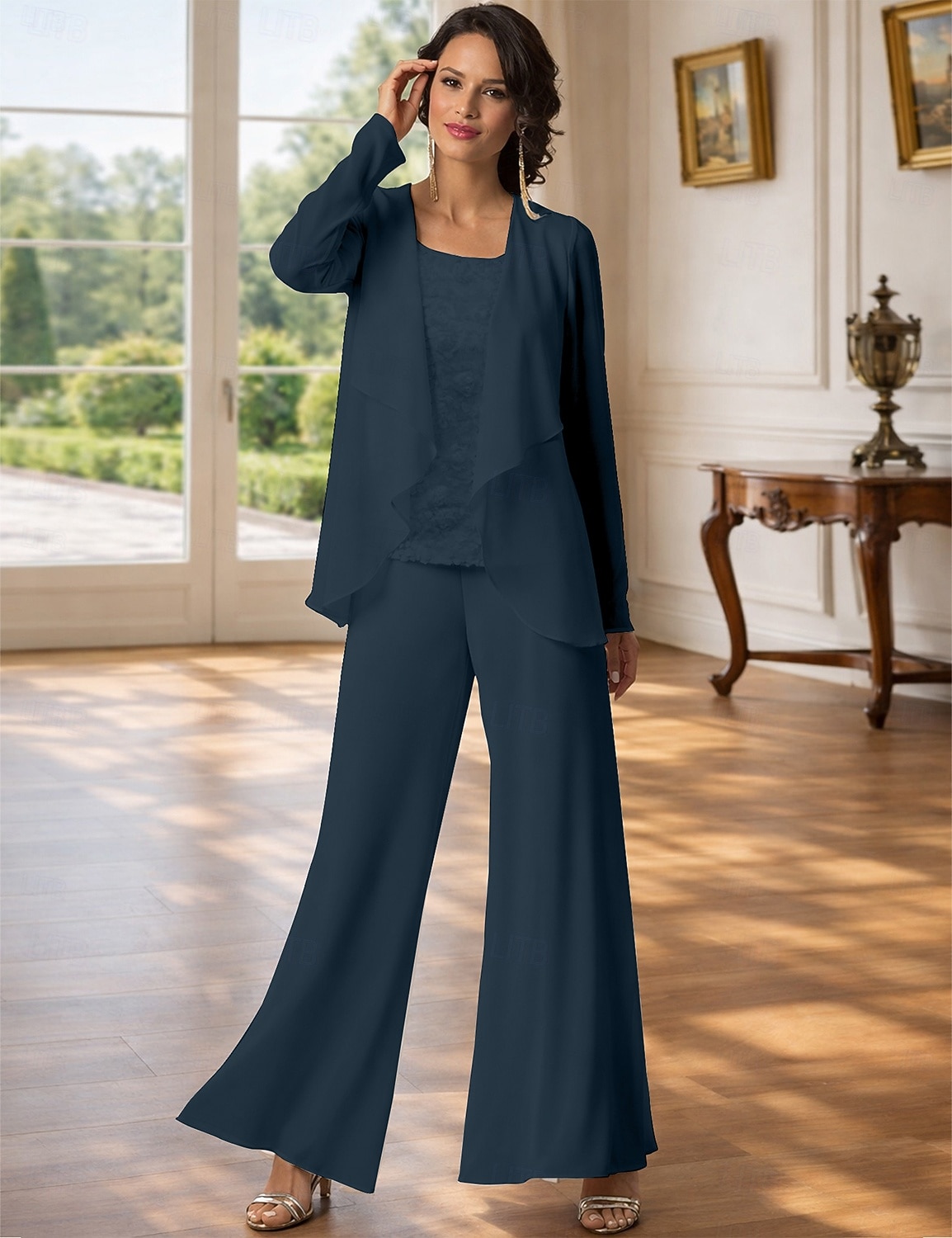 Traje de pantalón Traje de 3 piezas Hasta el Suelo Vestido de Madrina Sin Mangas Barco de cuello Elegante Talla Grande Bolero incluido Formal Invitado a la boda Gasa con Encaje 2026 - $126.99 –P17