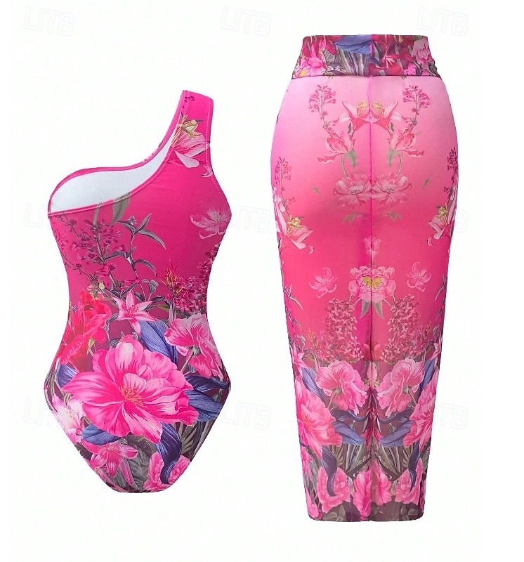 Mulheres Roupa de Banho 2 partes Monoquíni Saia roupa de banho Compressão abdominal Cintura Alta Delgado Frente Única Férias Roupa de Praia Floral Pescoço Assimétrico Sem Manga Fatos de banho de 2026 por $29.99 –P15