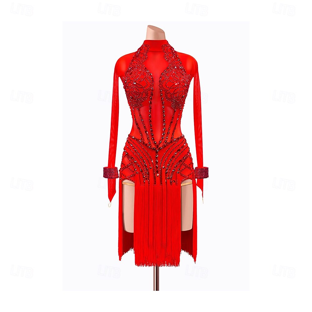Latin Dance Dress Rhinestone Tassel Women's Party Training Performance Long Sleeve Spandex Nylon 2026 - $316.39 –P2