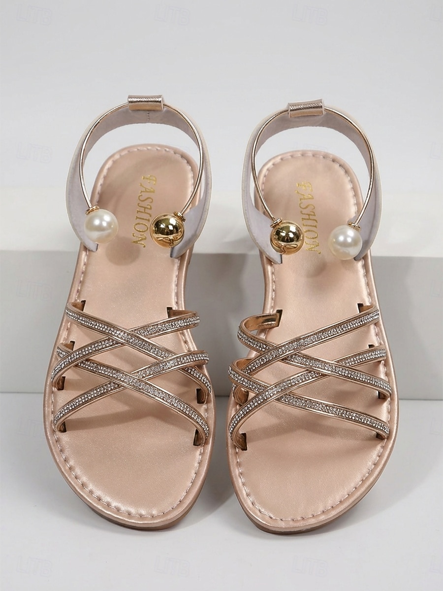 Women's Elegant Black Strappy Sandals - Comfortable Flat Summer Slides with Sparkling Rhinestones & Ankle Strap for Luxury Hotel Stays, Poolside Parties & Resort Vacations 2026 - $24.99 –P4