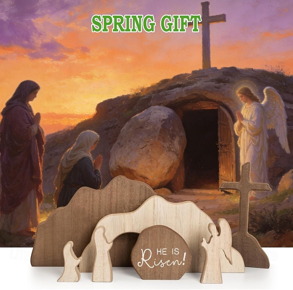 Пасхальные украшения в виде пустой гробницы, набор фигурок воскресшего Иисуса Христа на тему Рождества Христова с деревянным крестом для украшения дома, офиса, стола, полки, камина – христианские 2026 - $27.99 –P2
