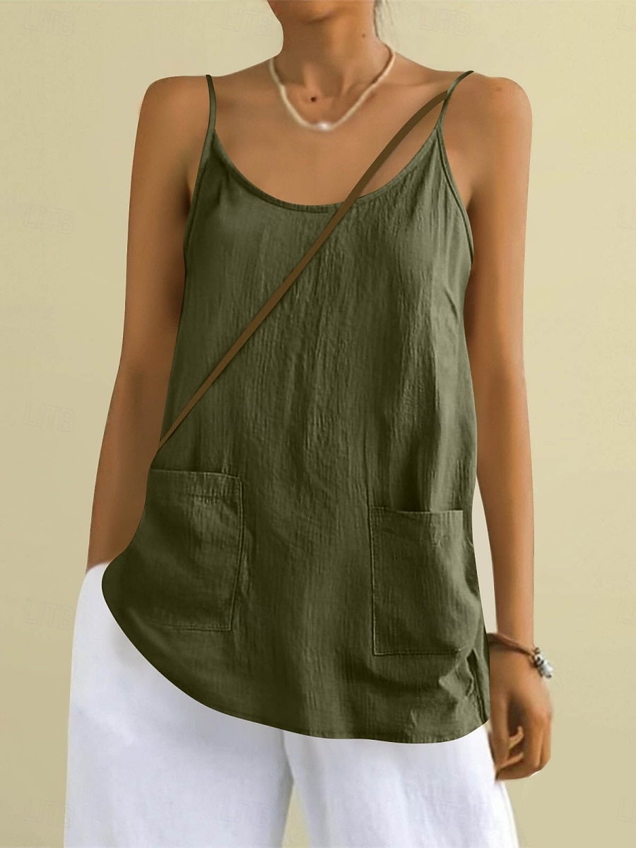 Regata feminina com bolso, lisa, moderna, elegante, clássica, sem mangas, gola redonda, ideal para uso diário, passeios e fins de semana. Cores: azul, preta, branca, amarela, rosa. Verão e primavera. de 2026 por $18.49 –P14