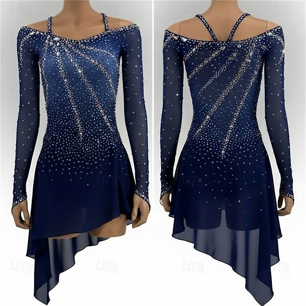 Eiskunstlaufkleid Damen Eislaufen Kleid Marineblau Patchwork Asymmetrischer Saum Dehnbar Training Wettbewerb Eiskunstlaufkleidung Klassisch Kristall / Strass Langarm Eislaufen Eiskundstlauf 2026 - $236.99 –P1