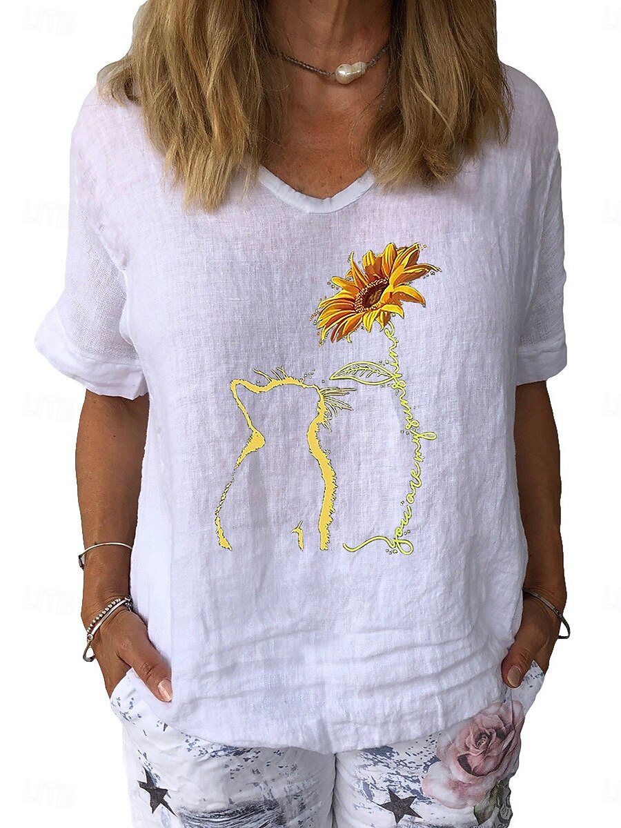 Damen Baumwoll Mischung Bluse Patchwork Druck Grafik Stilvoll Klassisch Modern Kurzarm V Ausschnitt Normale Oberteile Täglich Ferien Ausgehen Weiß Gelb Dunkelblau Grau Leicht Blau Sommer Frühling 2026 - $19.99 –P1