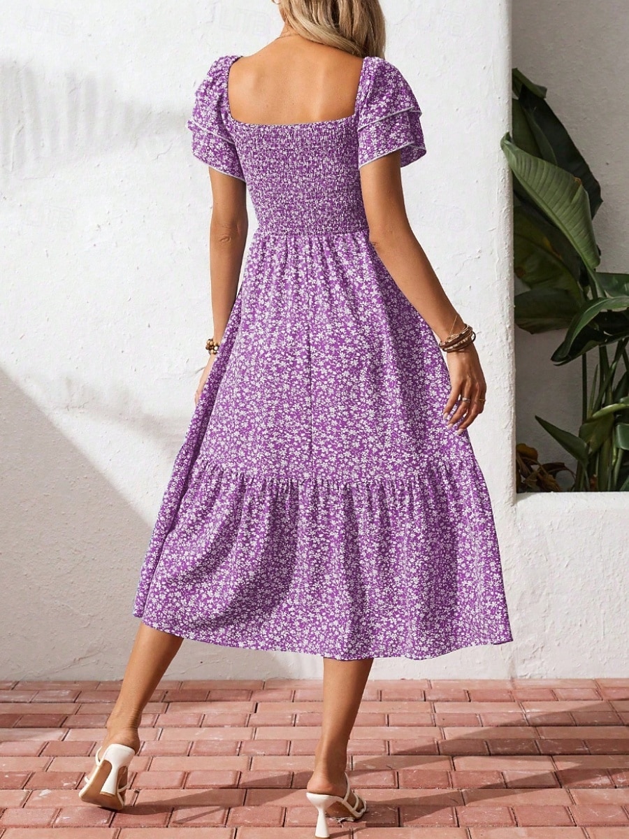 Dam Midiklänning Vardagsklänning Swingklänning Blommig klänning Elegant Mode Modern Utomhus Semester Utekväll Normal Ditsy Floral Kortärmad Fyrkantig hals Blå Svart Rubinrött Purpur Sommar Vår 2026 - $33.99 –P6