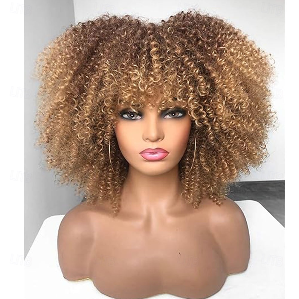 Кудрявые афро-парики для чернокожих женщин, афро-парик с челкой, без клея, пышный и объемный, как бомба, подходит для повседневной носки и работы, черный цвет 2026 - $30.99 –P10