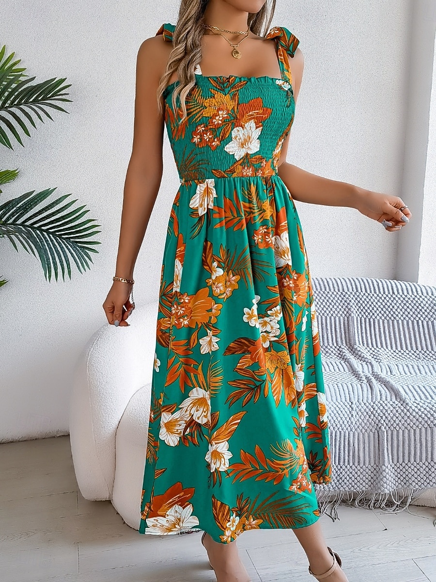 Women's Midi Dress Beach Dress A Line Dress Floral Dress Slip Dress Elegant Fashion Modern Outdoor Beach Vacation Regular Fit Floral Sleeveless Square Neck Blue Yellow Green Summer Spring 2026 - $26.99 –P18