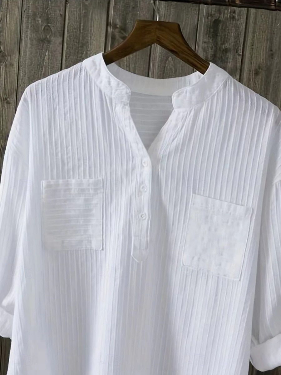 Women's 100% Cotton Blouse Shirt Faux Linen Solid Color Elegant Daily Basic Long Sleeve V Neck Regular Tops Daily Black White Yellow Purple Spring Fall 2026 - $34.99 –P3