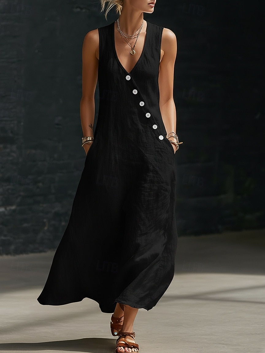 Robe longue en coton et lin pour femme, robe d'été, robe trapèze, robe cintrée et évasée, robe de vacances décontractée, style bohème, robe de plage décontractée, robe de soirée ample, robe unie sans de 2026 ? $24.99 –P10