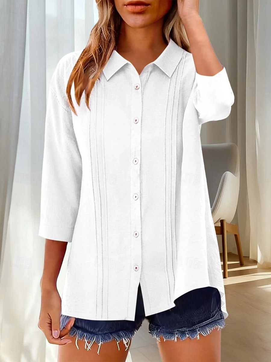 Per donna Camicia Blusa Camicia di cotone Arricciato Bottoni Tinta unica Elegante Classico Moderno Manica Lunga Colletto a Camicia Top Regolari Quotidiano Ferie Uscire Nero Bianco Giallo Rosa Vino del 2026 a $27.99 –P17