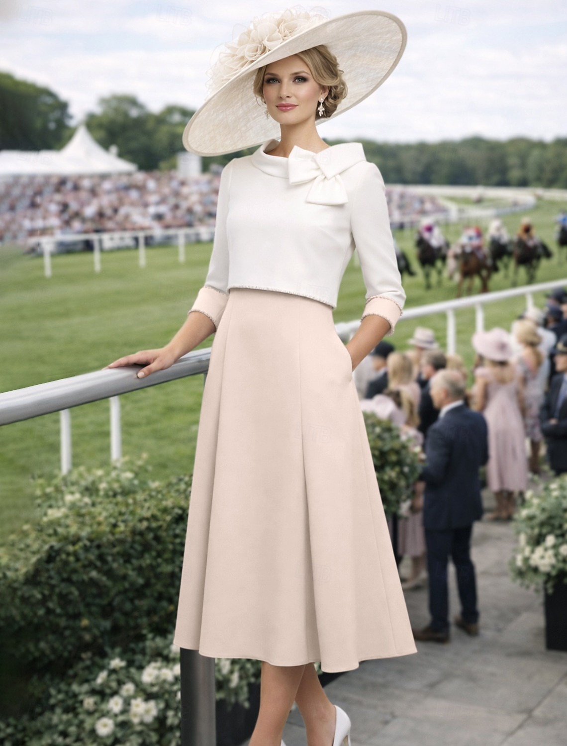 Deux Pièces Longueur cheville Robe d'invité de mariage Robe de Mère de Mariée  Manche 3/4 Bijoux Élégant robe demoiselle d honneur Église Satin Extensible Jupes à veste courte avec Noeud(s) de 2026 ? $172.99 –P6
