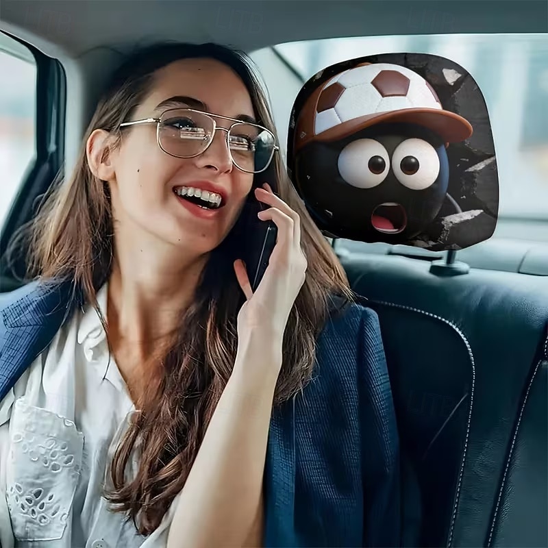 2 stuks grappige hoofdsteunhoezen met voetbalhoofd-uitdrukking voor in de auto, gemaakt van non-woven polyester, universele pasvorm, wasbaar, eenvoudig te installeren, perfect voor roadtrips of 2026 - $9.49 –P11