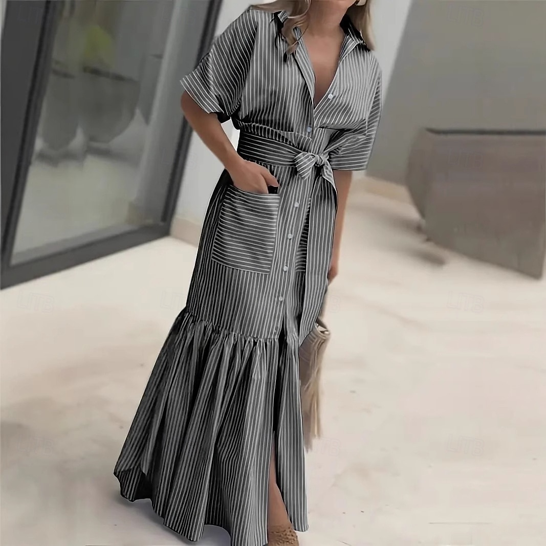 Mujer Vestido maxi Vestido informal Vestido de una línea Elegante Playa Ajuste regular Graphic Raya Manga Corta Cuello Camisero Azul Piscina Negro Rosa Rojo Verano Primavera 2026 - $43.99 –P6