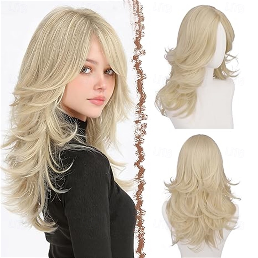 2026年 女性用、ダーティブロンドのウェーブのかかったレイヤードウィッグ、カーテンバング付き、長さ22インチの合成繊維製、自然な見た目のセンターパートウィッグ、コスチュームパーティーや普段使いに最適  コレクション – $30.99 –P6