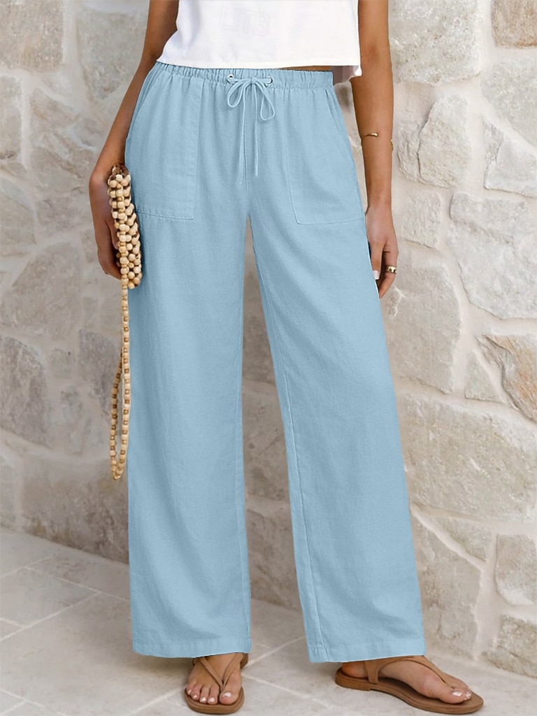 Damskie Lniane spodnie Spodnie Spodnie codzienne Letnie spodnie Urlop Moda Podstawowy Pełna długość Średia talia Równina Ściągana na sznurek Elastyczny pas Prosta noga Lekki Oddychający Nieelastyczny 2026 - $25.99 –P12