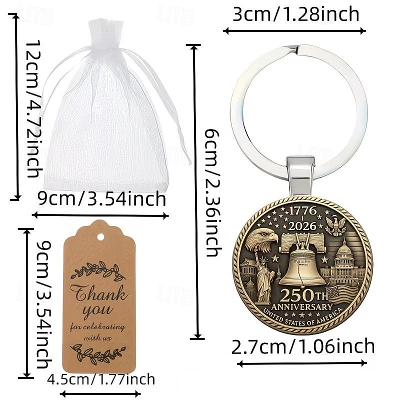 36-delige set sleutelhangers ter ere van het 250-jarig jubileum - 12 sleutelhangers / 12 kaartjes / 12 organzazakjes, plat 2D-ontwerp met het Vrijheidsbeeld en een adelaar, 250 jaar 1776-2026, ideaal 2026 - $28.99 –P12