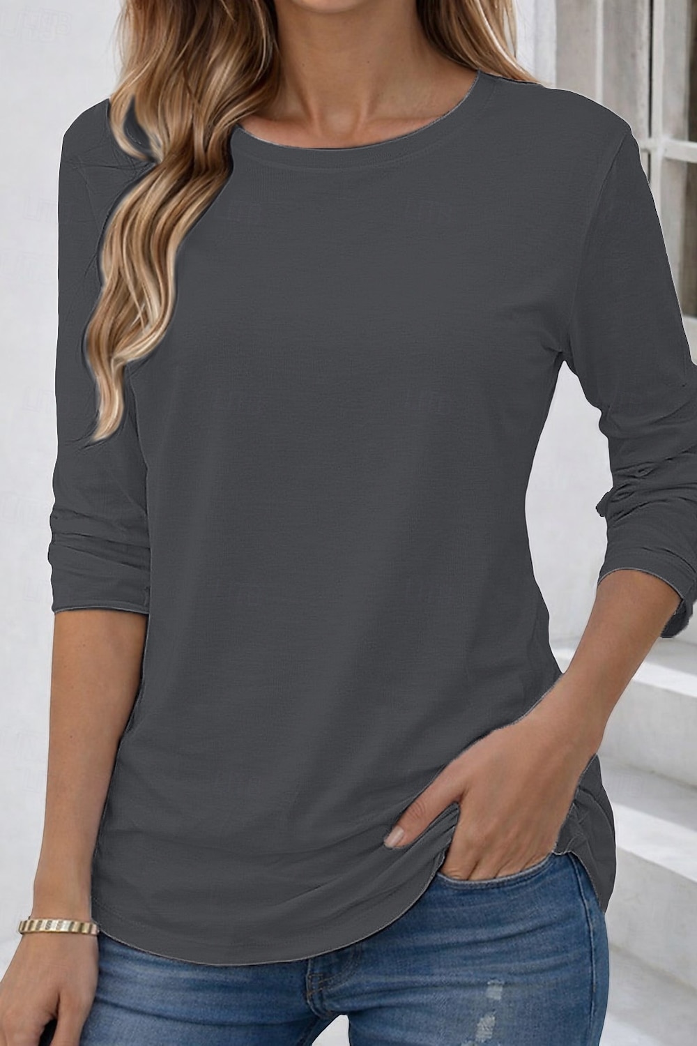 Camiseta 100% Algodão Feminina Cor Sólida Básica Clássica Casual de Manga Longa com Decote Redondo Tops Regulares para o Dia a Dia Saídas Preta Branca Vermelha Azul Marinho Verde Menta Primavera de 2026 por $19.99 –P9
