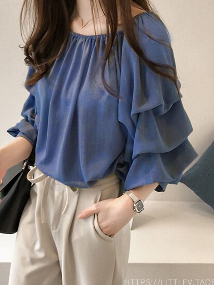 Γυναικεία Πουκάμισο Μπλούζα Μπλούζες σιφόν Σουρωτά Σκέτο Ενεργό Στυλάτο Μακρυμάνικο Ώμοι Έξω Κανονικά μπλουζάκια Καθημερινά Αργίες Εξόδου Θαλασσί Ανθισμένο Ροζ Σομόν Καλοκαίρι Άνοιξη 2026 - $13.99 –P9