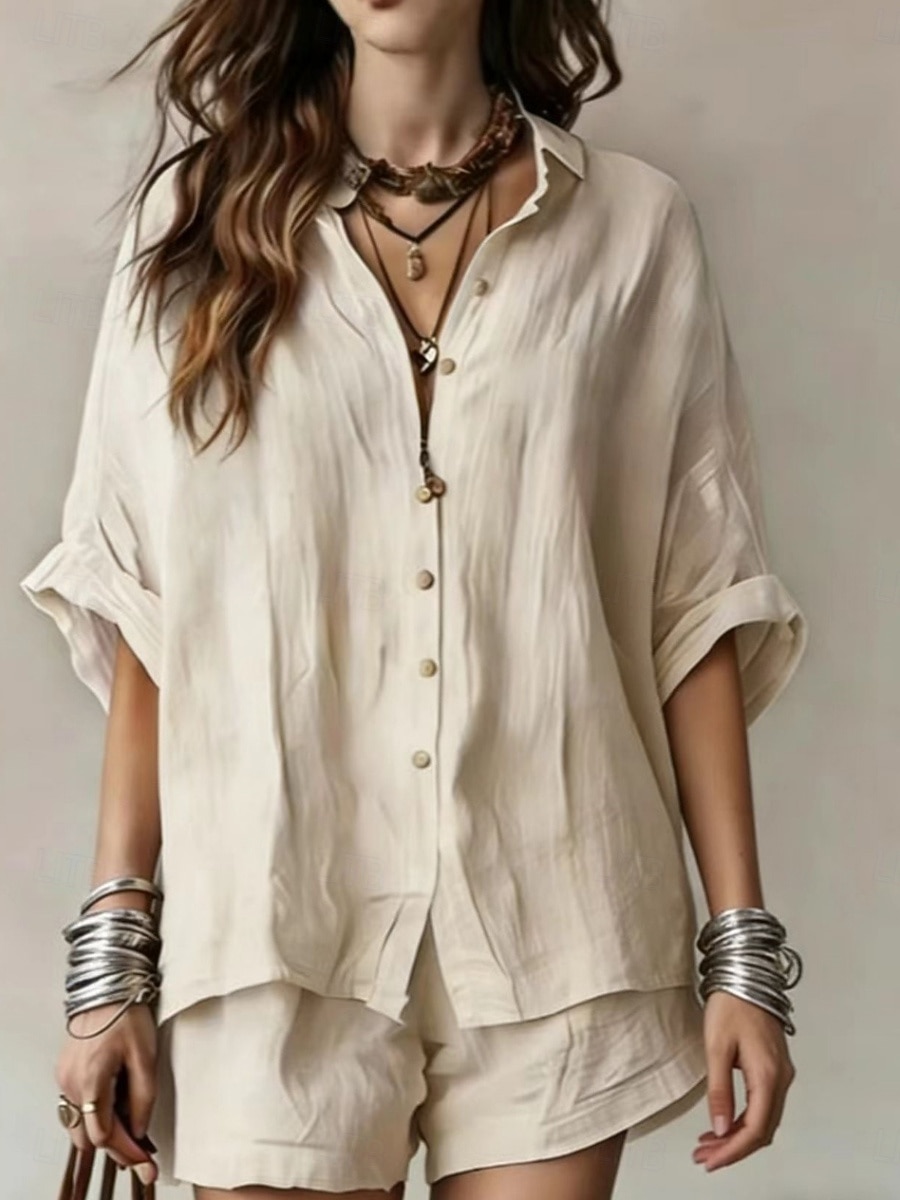Mujer Conjunto con tacto de lino Conjuntos de lino y algodón Conjuntos de pantalones cortos Manga Corta Cuello Camisero Plano Moda Ropa de calle Casual Diario Exterior Negro Blanco Rosa Verano Holgado 2026 - $43.99 –P3