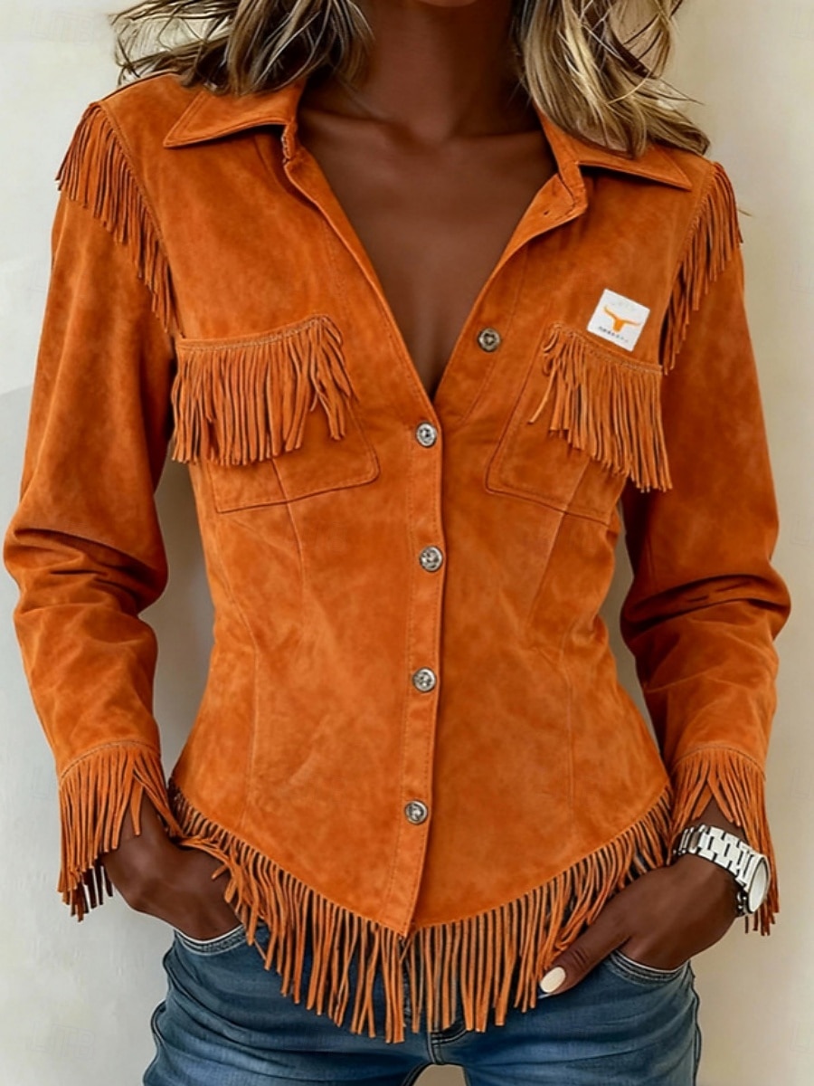 Women's Shirt Blouse Long Sleeve Tops Buttons Fringe Plain Stylish Western Classic Long Sleeve Shirt Collar Regular Tops Daily Holiday Going out Orange Summer Spring 2026 - $38.99 –P1