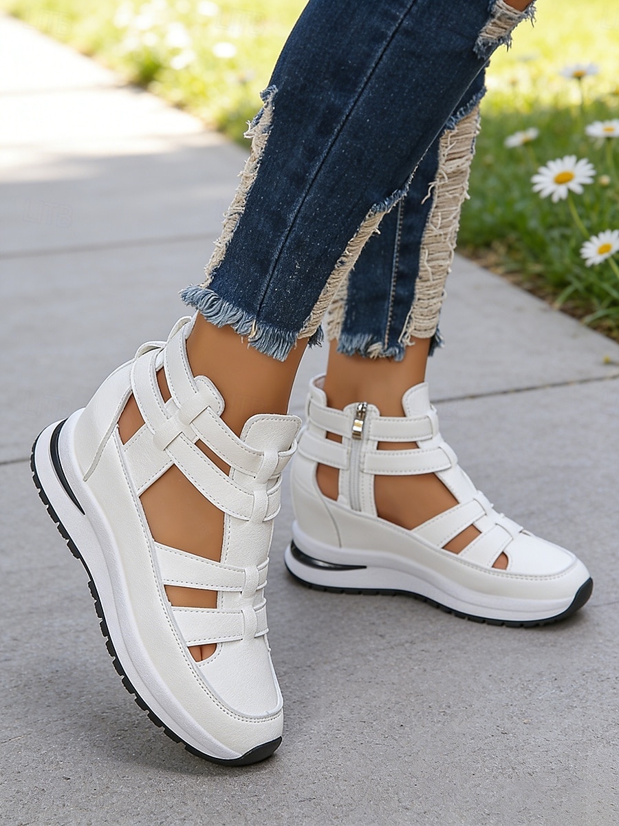 Γυναικεία λευκά σανδάλια με κοψίματα, casual παπούτσια για περπάτημα με κρυφό τακούνι και φερμουάρ για υπαίθριο περπάτημα, ταξίδια &καθημερινή χρήση 2026 - $32.99 –P3