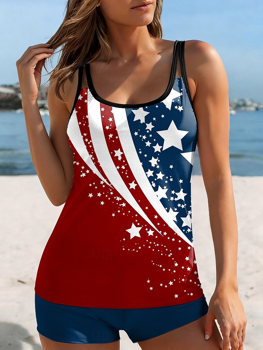 Amerykański strój kąpielowy tankini dla kobiet na Dzień Niepodległości, 2-częściowy strój kąpielowy z odkrytymi plecami, wakacyjny strój plażowy, graficzny dekolt w kształcie litery U, bezrękawniki 2026 - $39.99 –P1