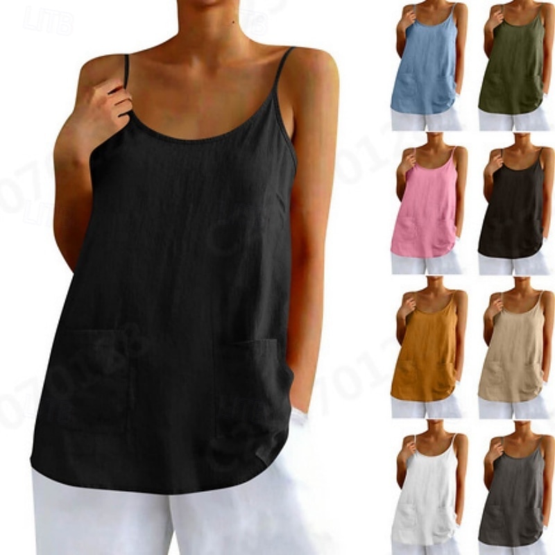 Regata feminina com bolso, lisa, moderna, elegante, clássica, sem mangas, gola redonda, ideal para uso diário, passeios e fins de semana. Cores: azul, preta, branca, amarela, rosa. Verão e primavera. de 2026 por $18.49 –P1