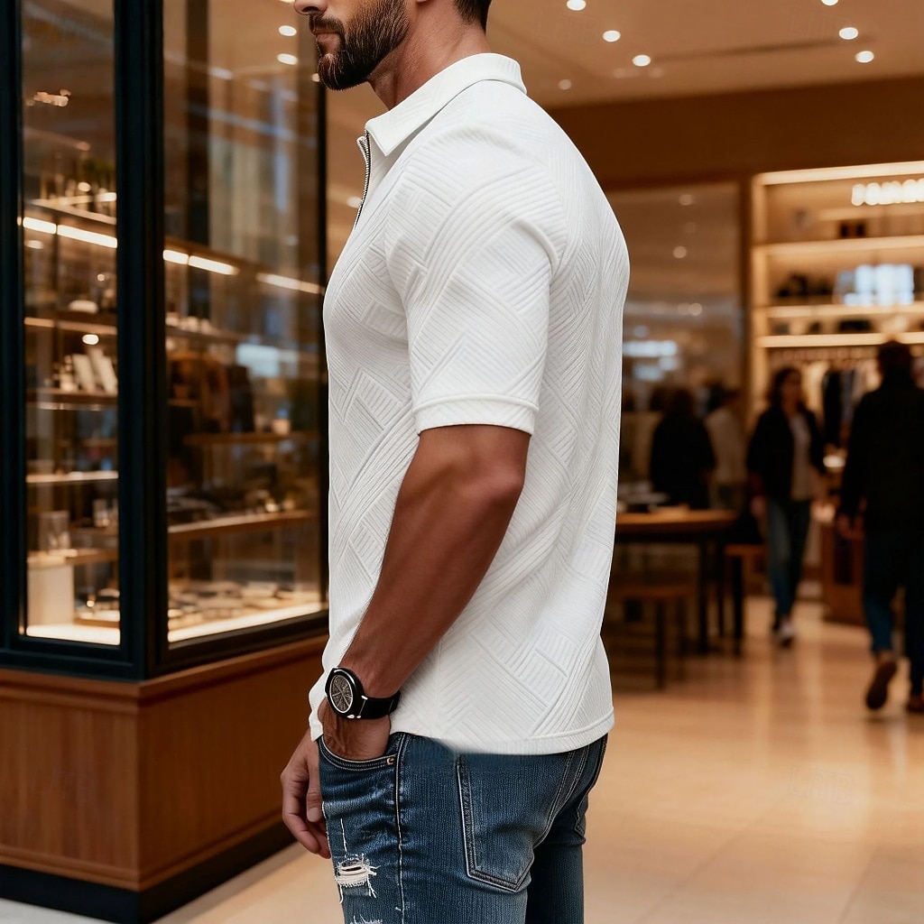 Per uomo Polo con zip Testurizzato Casuale Quotidiano Zip a un quarto Manica Corta Moda Tempo libero Semplice Cerniera Zip a un quarto Estate Primavera Blu Verde translucido blu navy Aalbicocca Blu del 2026 a $22.99 –P2