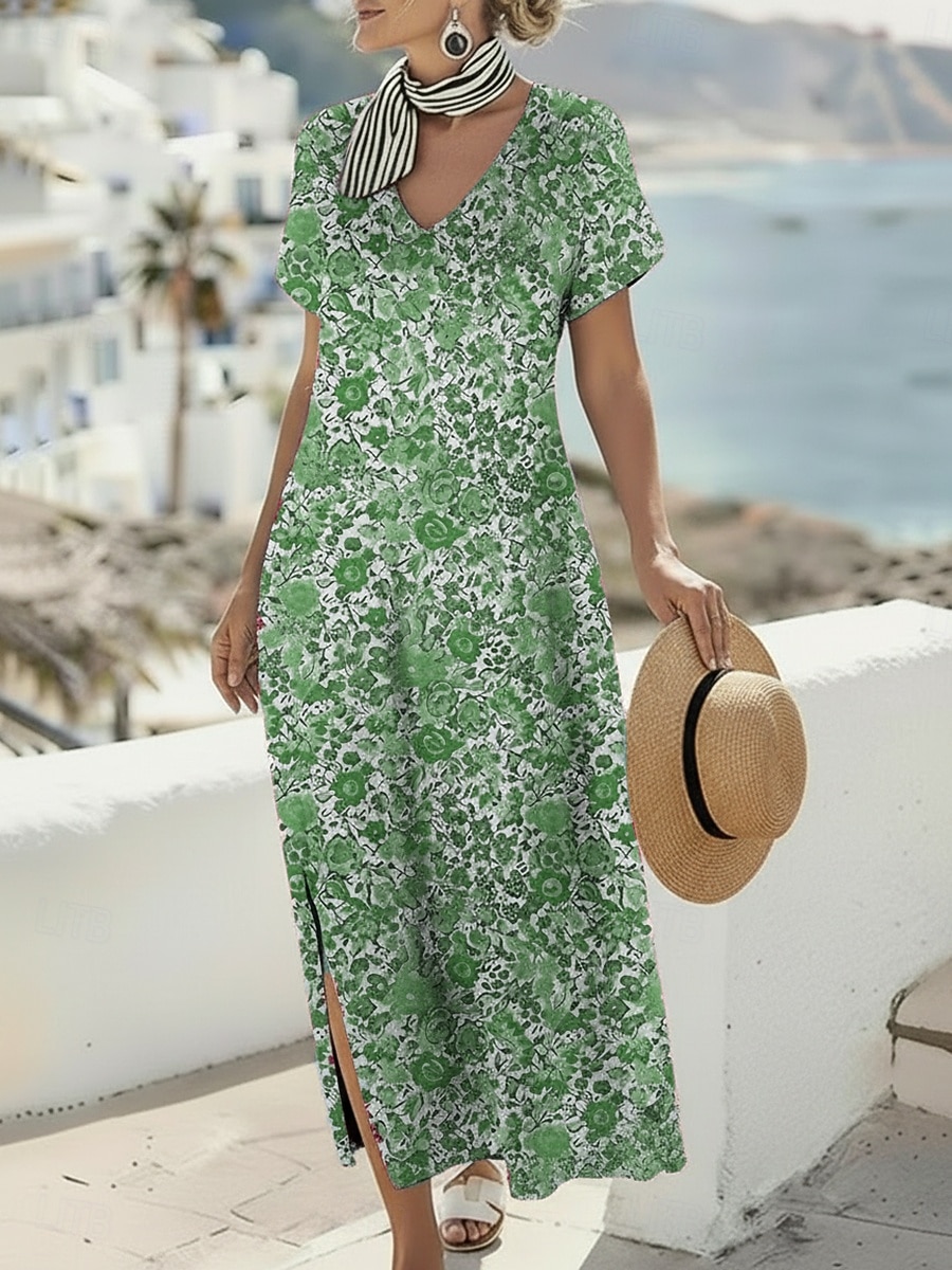 Per donna Abito maxi Abito Boho Vestito Casual Abito a trapezio Abito Stampato Vintage All'aperto Vacanza Weekend Vestibilità regolare Floreale Grafico Manica Corta Scollo a V Blu Viola Fucsia del 2026 a $25.99 –P7