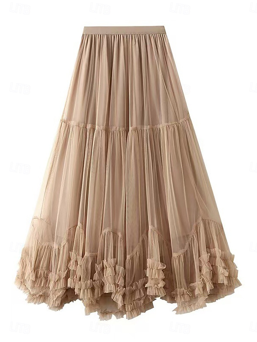 Women's Vacation Skirt Elegant Fashion Cute Casual Maxi Mid Rise Skirts Plain Elastic Waist Layered Mesh Micro-elastic Daily Vacation Apricot Black Pink Wine Summer 2026 - $29.99 –P8