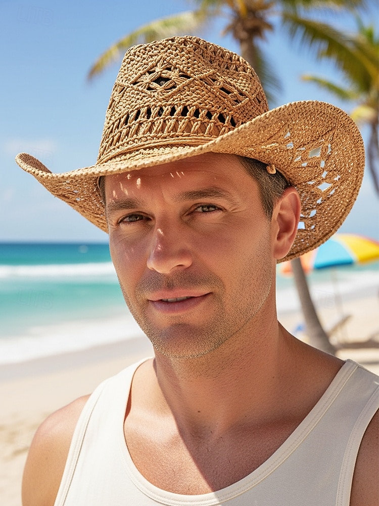 Ανδρικό ψάθινο καουμπόικο καπέλο western σε πολλά χρώματα, υφαντό καλοκαιρινό καπέλο ηλίου για διακοπές στην παραλία, ρούχα western στυλ, ρούχα σε θέρετρα και καλοκαιρινά πάρτι 2026 - $42.99 –P3