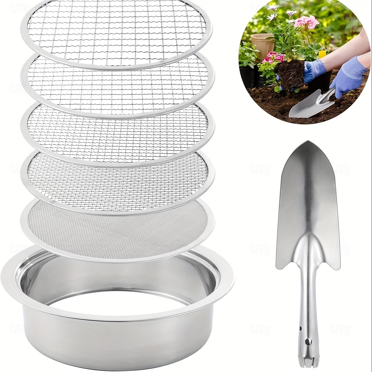 Rostfritt stålsiktset för trädgårdsskötsel med 5 storlekar 1/3/6/9/12 mm utbytbara maskor inklusive spade, perfekt för trädgårdsskötsel &, jordsiktverktyg, avtagbar kompostskärm för jord, sand, stenar 2026 - $39.99 –P1