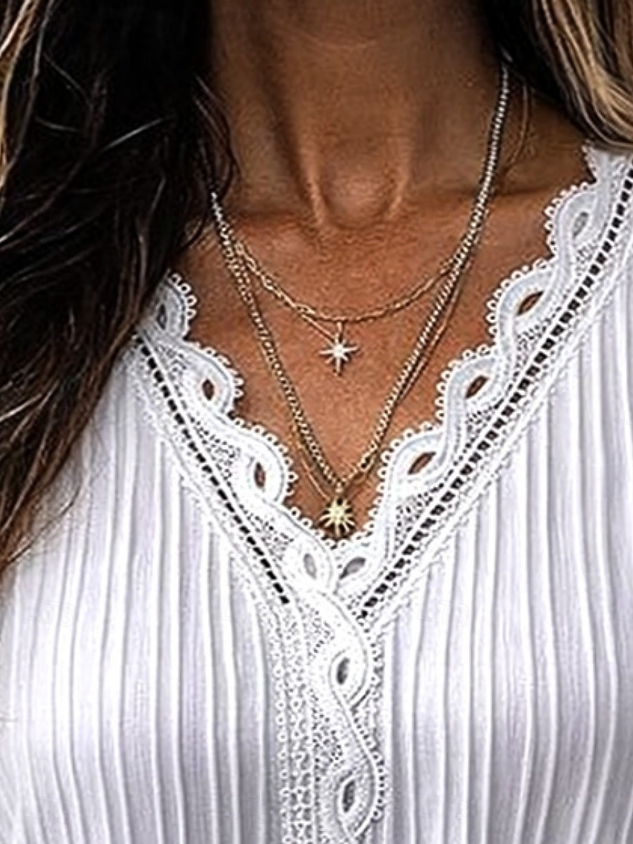 Women's Lace Shirt Blouse Lace Patchwork Solid Color Stylish Casual Long Sleeve V Neck Regular Tops Daily Blue Black White Yellow Red Spring Fall 2026 - $19.99 –P2