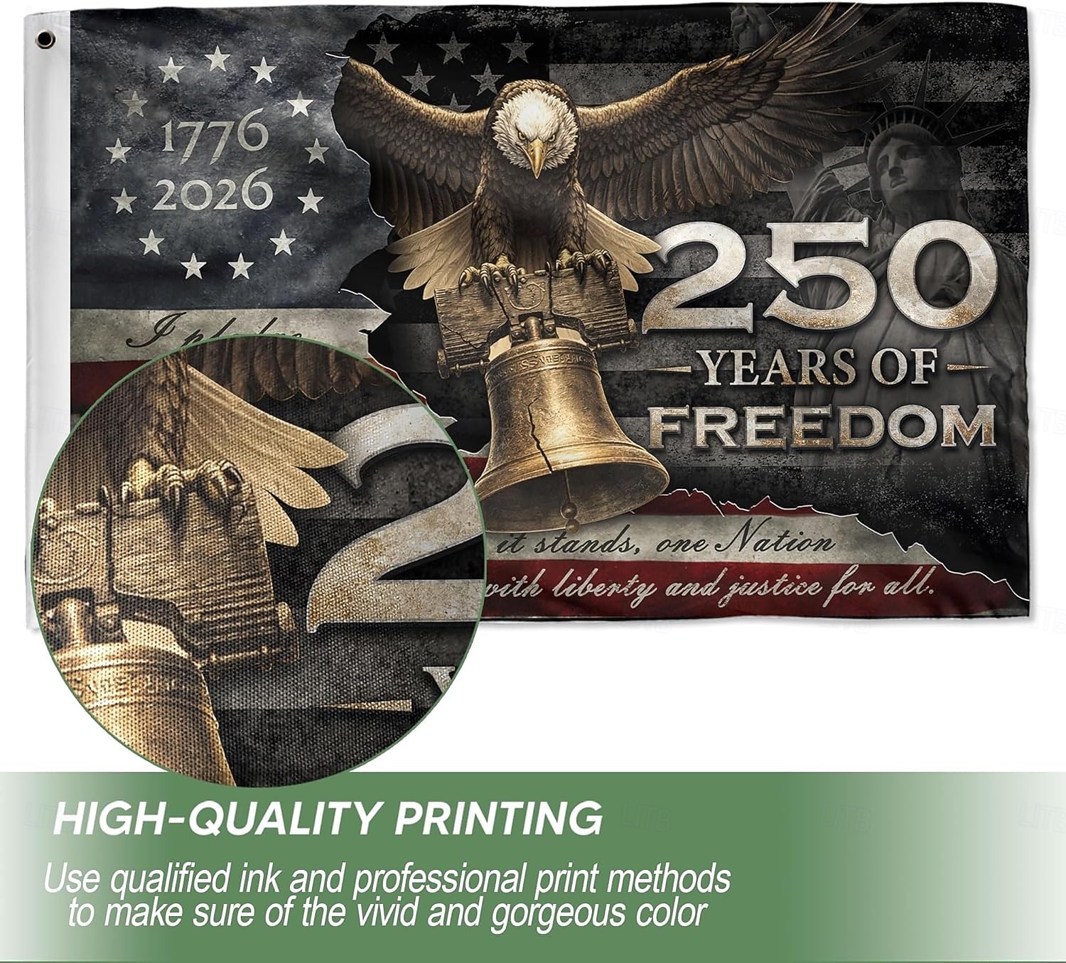 Drapeau américain du 250e anniversaire orné d'un aigle à tête blanche, de la cloche de la Liberté et de la mention « 1776-2026 », idéal pour une décoration patriotique à la maison ou pour des fêtes. de 2026 ? $17.99 –P2