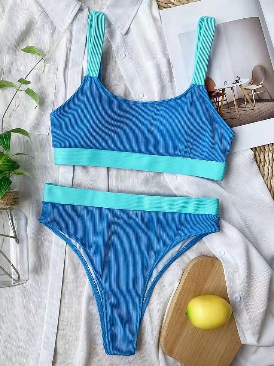Per donna Costumi da bagno Bikini Due pezzi Vita alta Costume da bagno Patchwork Snello Senza schiena Vacanza Abbigliamento da Spiaggia A righe Collo a U Senza Maniche Costumi da bagno del 2026 a $19.99 –P6