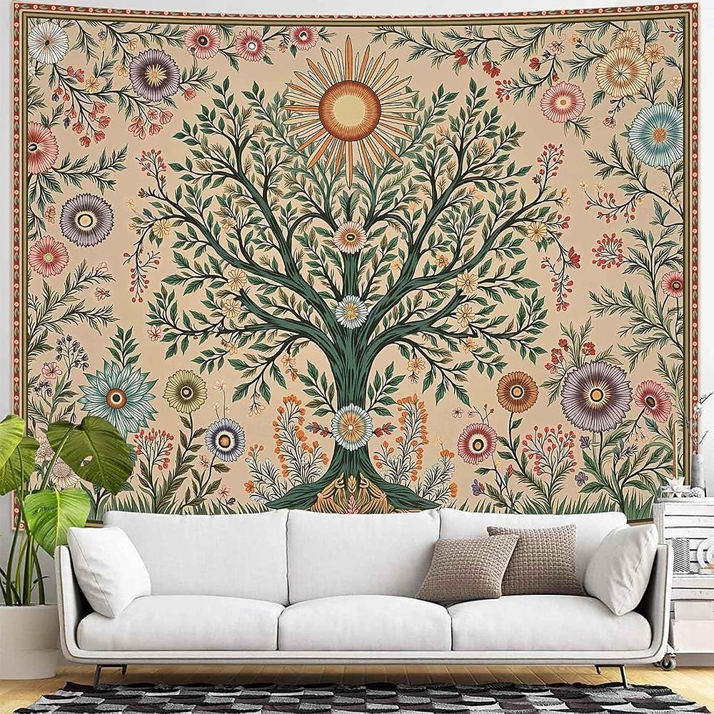 Livets tre folkekunst veggteppe bohemsk etnisk fugler og blomster natur landskap svart bakgrunn åndelig hjemdekor stue soverom bakgrunn innendørs veggmaleri 2026 - $19.99 –P7