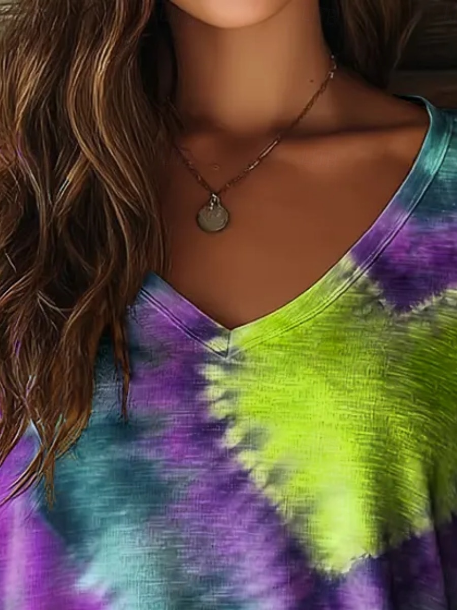 Women's T Shirt Print Heart Tie Dye Vintage Casual Boho Long Sleeve V Neck Regular Tops Daily Blue Yellow Red Purple Green Spring Fall 2026 - $19.99 –P2