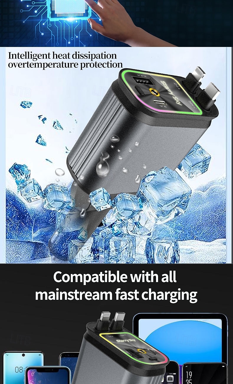 Cargador rápido para coche 5 en 1 de 180 W, adaptador de corriente USB tipo C, cargador de teléfono retráctil con luz de techo tipo estrella para teléfonos iOS y Android. 2026 - $24.99 –P11
