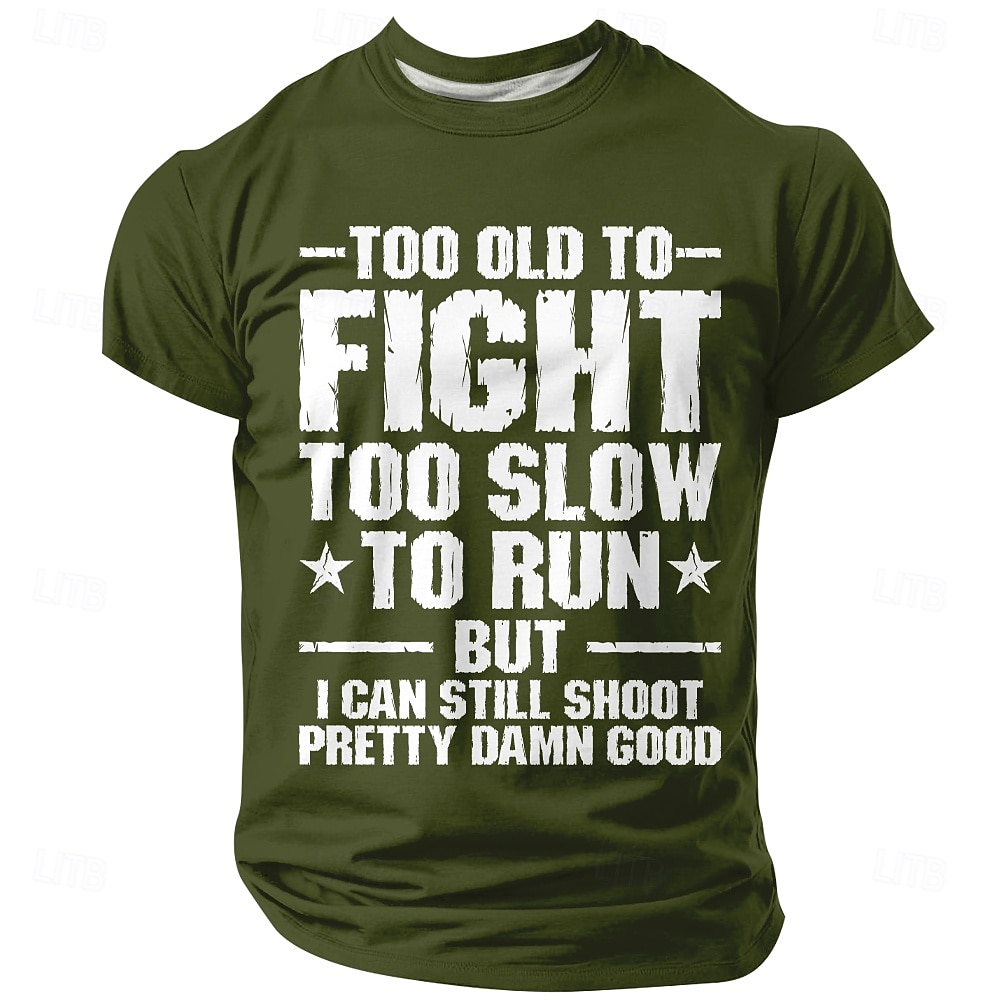Maglietta da uomo divertente con scritta "troppo vecchio per combattere, troppo lento per correre", verde militare, ancora spara, grafica, regalo tattico per veterani, abbigliamento 2A, stampa effetto del 2026 a $21.99 –P1