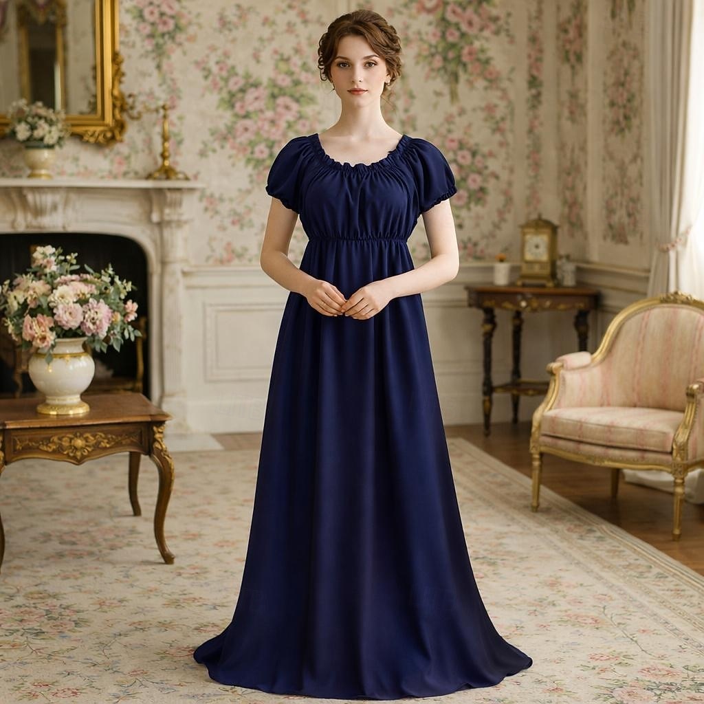 Renaissance 19ème siècle Période de la Régence Longueur au sol Robe Manches courtes Princesse Dame Col rond Déguisement Femmes Royal Halloween Carnaval Foire de la Renaissance Soirée à thème rétro de 2026 ? $59.99 –P15