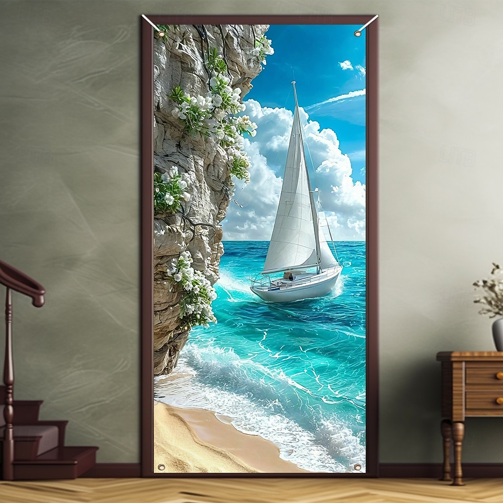 Scenic Coastal Sea View Sailboat Yacht on Turquoise Water with Rocky Cliff and White Flowers Beach Door Banner Cover Wall Tapestry for Home Interior Wall Decoration Front Door Entryway 2026 - $17.99 –P1