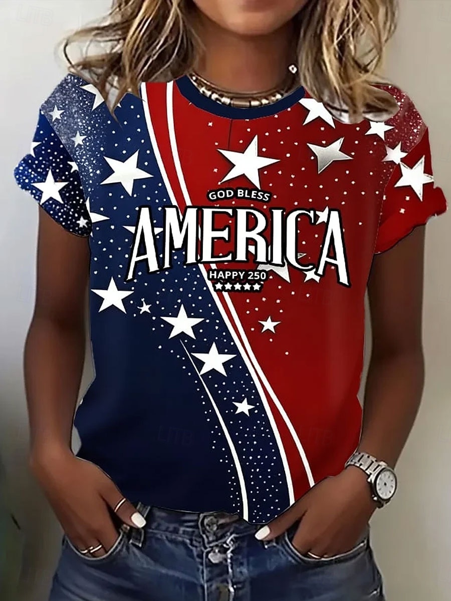 Giorno dell'Indipendenza Americana Per donna Maglietta Stampato Grafico Lettera Bandiera Americana Elegante Classico Casual Manica Corta Girocollo Top Regolari Quotidiano Blu Nero Bianco Rosso Estate del 2026 a $22.99 –P1
