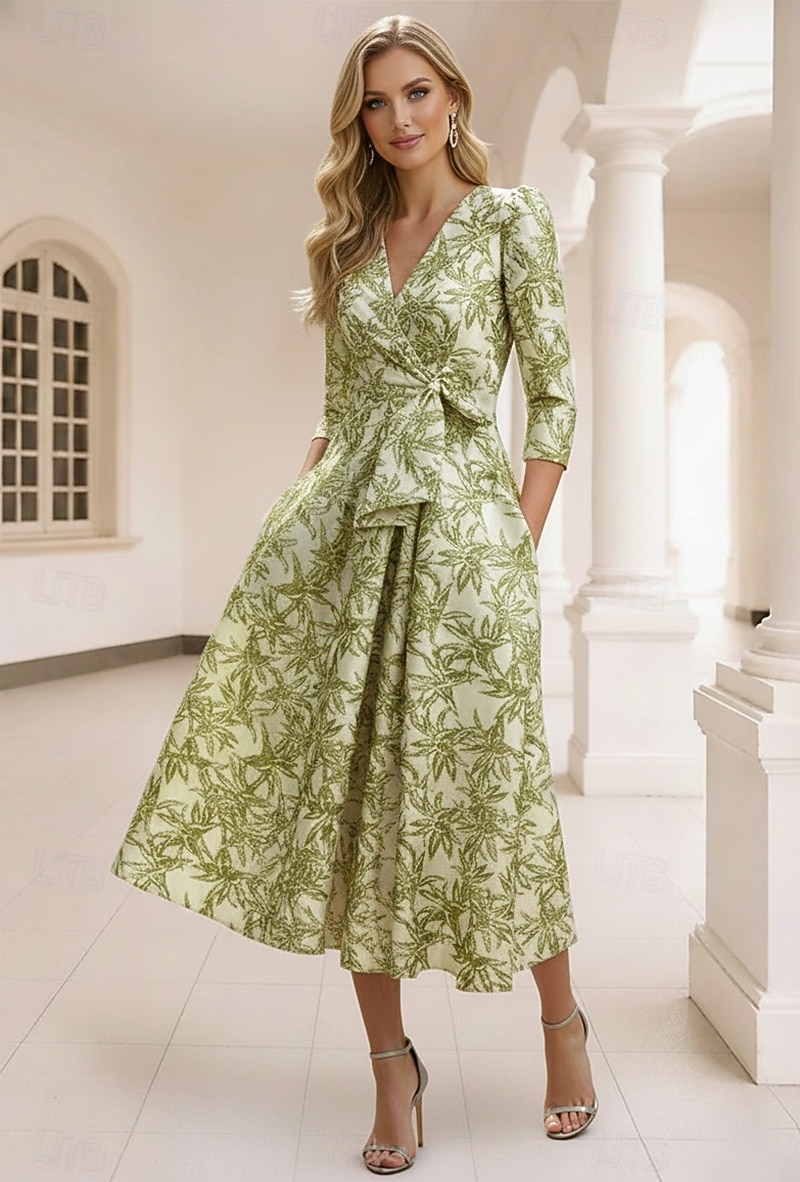 Corte A Vestido Midi Vestido formal Vestidos de coctel Elegante Manga 3/4 Escote en Pico Boda Formal Jacquard con Lazo(s) Plisado 2026 - $154.79 –P1