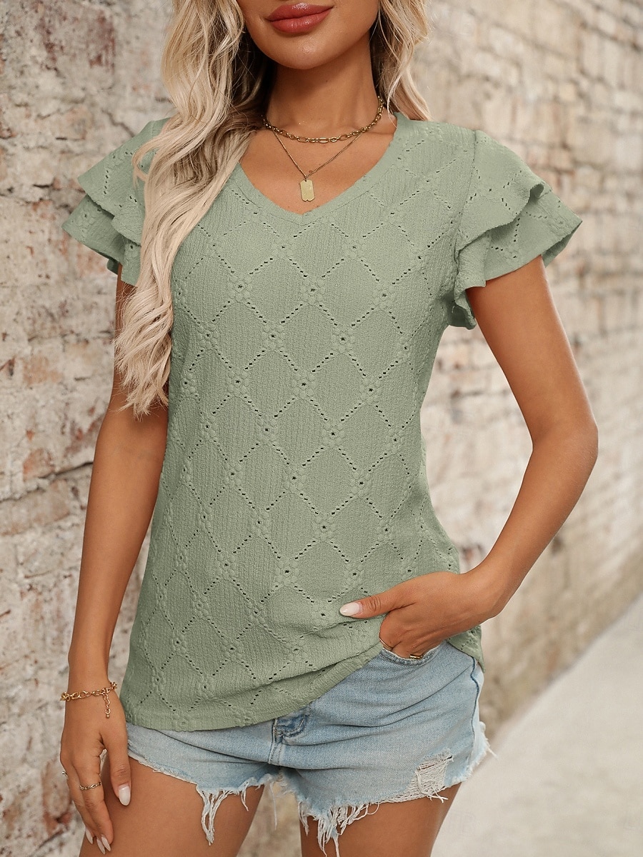 Mulheres Camisa Social Topo de ilhó Blusa Patchwork Tecido à moda Clássico Moderno Manga Curta Decote V Tops regulares Diário Feriado Para Noite Preto Azul Céu Roxo Claro Laranja Verde Verão Primavera de 2026 por $22.99 –P10