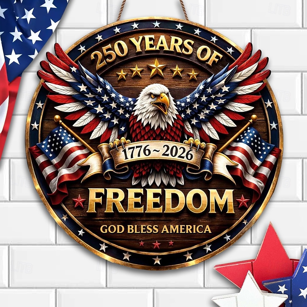 U.S. 250th Anniversary Wood Sign Patriotic Door Hanger, God Bless America Independence Day Decor with Eagle, Liberty Bell & Statue of Liberty, 1776–2026 4th of July Front Door Decoration 2026 - $25.99 –P3