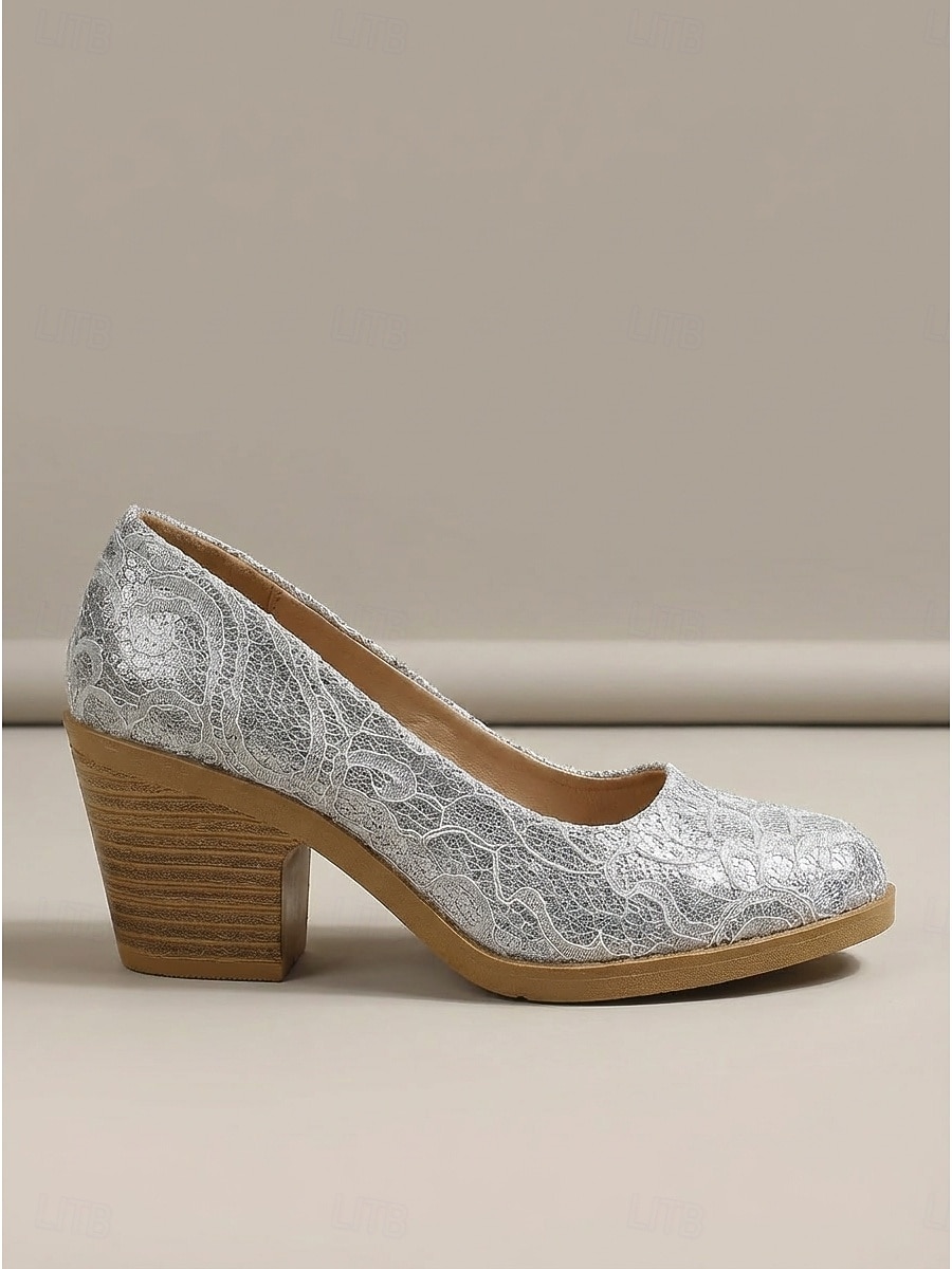 2026年 レディース シルバー レース ブロックヒール パンプス - エレガントな花柄レース クローズドトゥ シューズ。快適なチャンキーウッドグレインヒール。結婚式や普段使いに最適。 &特別な機会  コレクション – $32.99 –P2