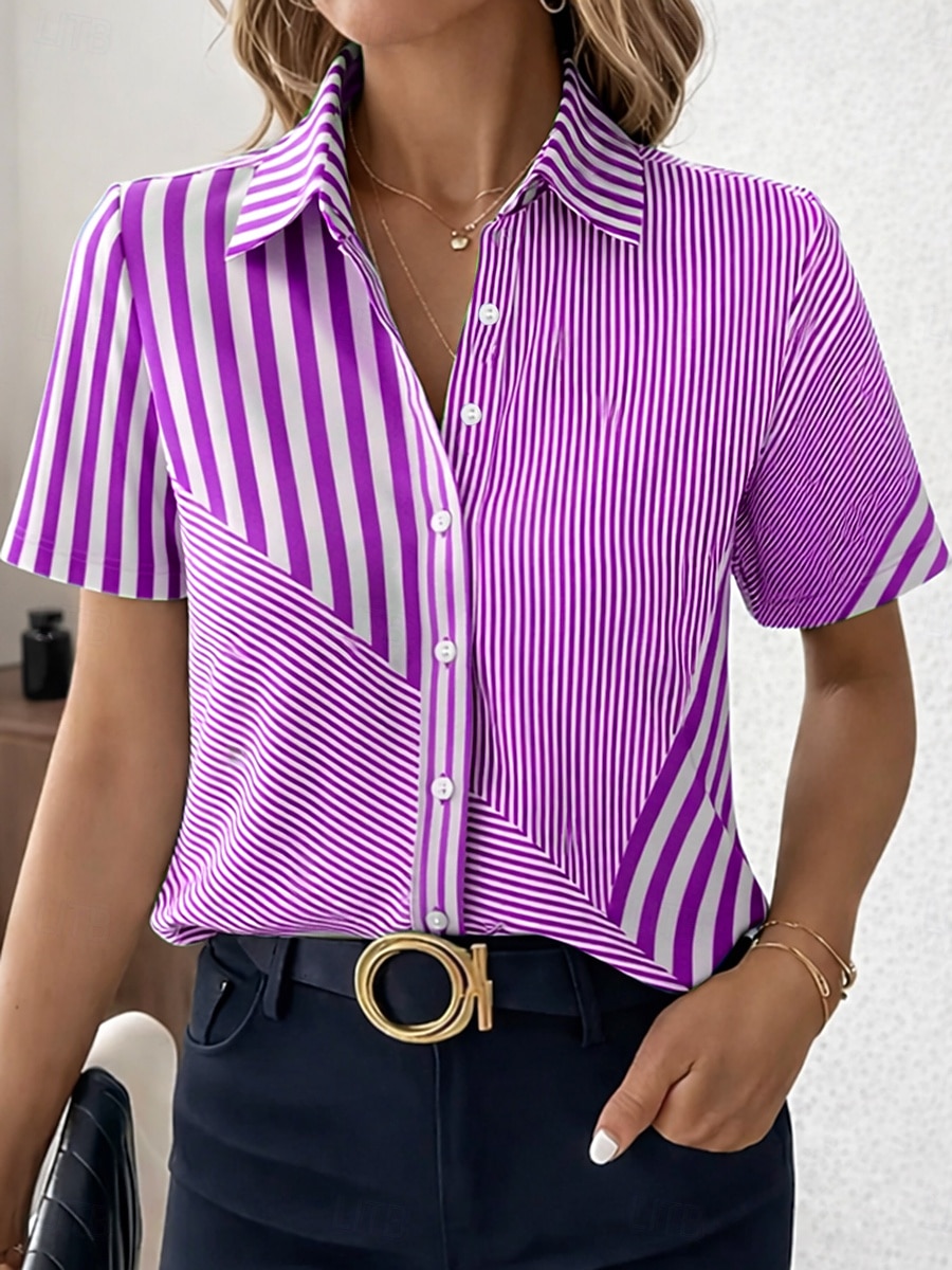 Dames Overhemd Knop Afdrukken Grafisch Geometrisch Vintage Stijlvol Modern Korte mouw Overhemdkraag Normale tops Dagelijks Kantoor blauw Blozend Roze Paars Groen Zomer Lente 2026 - $26.99 –P2