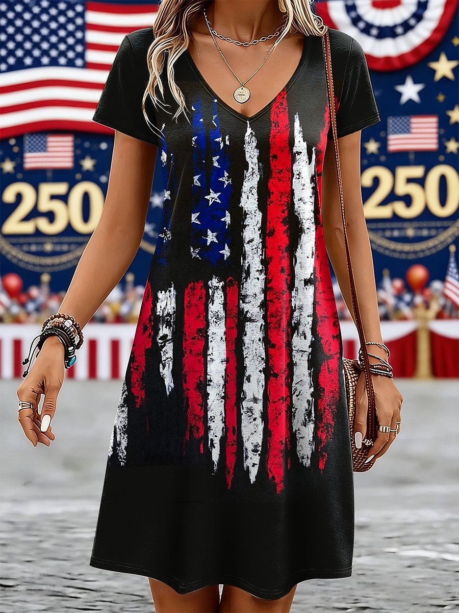 Giorno dell'Indipendenza Americana Per donna Mini Abito Vestito T-Shirt Abito a trapezio Casual Quotidiano Vestibilità regolare Grafico Bandiera Americana Manica Corta Scollo a V Blu Nero Rosso del 2026 a $24.99 –P1