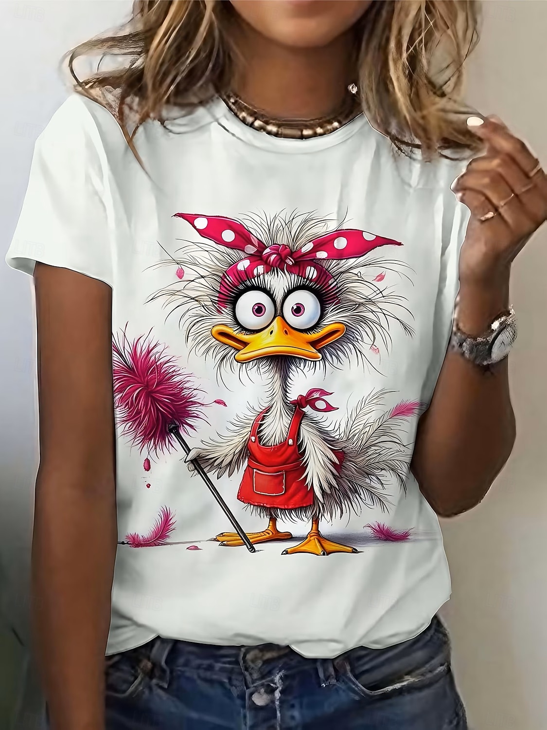 نسائي تي شيرت طباعة الرسم حيوان أحرف عتيق أنيق كلاسيكي كم قصير رقبة عالية مدورة رقبة دائرية قمصان عادية مناسب للبس اليومي عطلة نهاية الاسبوع أبيض التقزح اللوني رمادي الصيف الربيع 2026 - $22.99 –P1